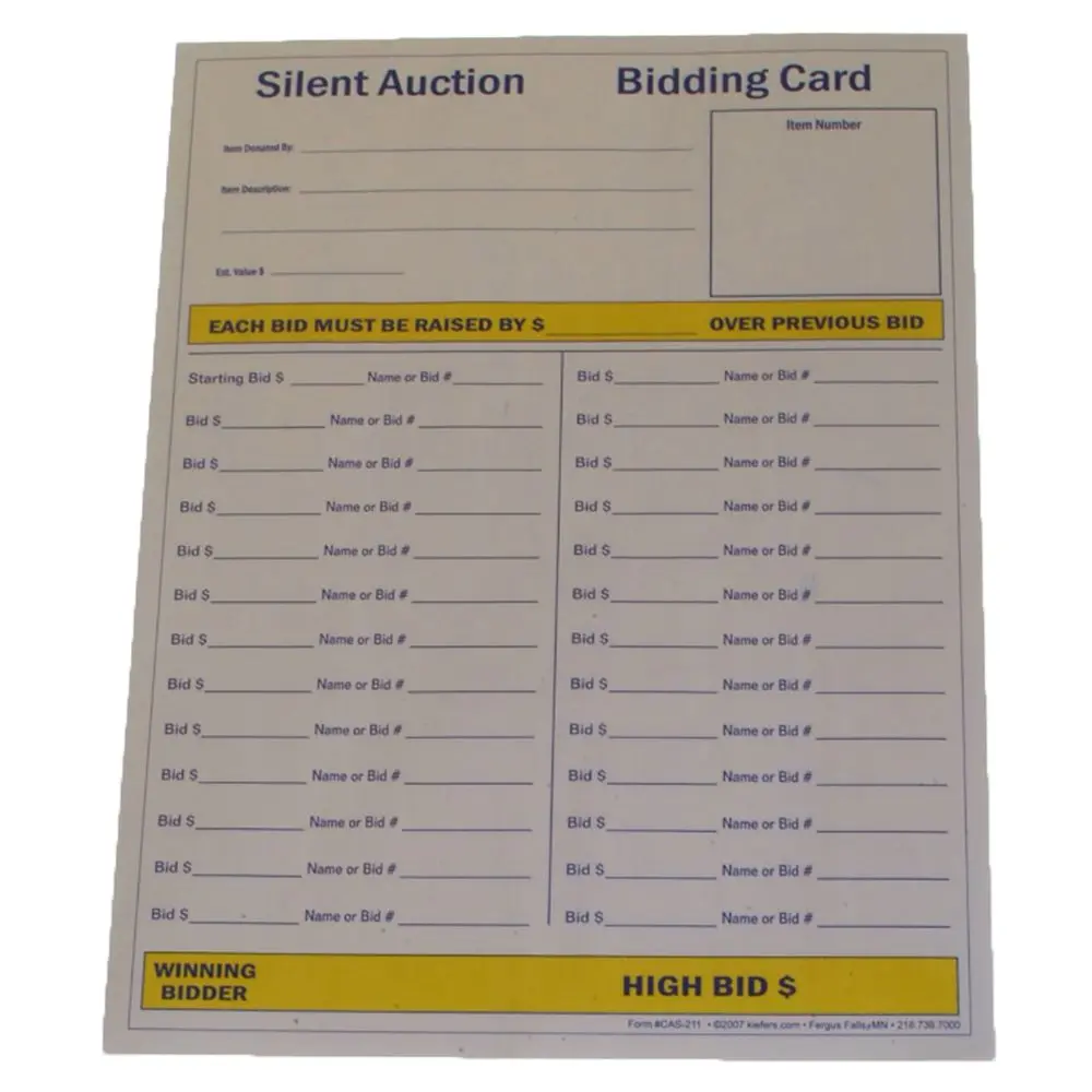 100 Silent Auction Full Page Bid Sheets (8-1/2" X 11") 2-Part 1