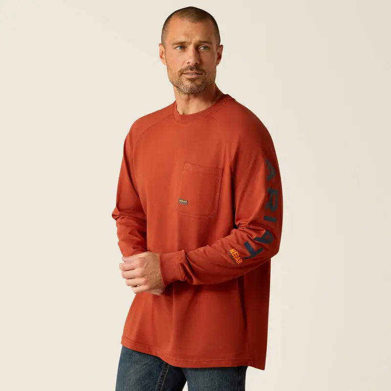 Rebar Cotton Strong Graphic T-Shirt Long Sleeve - Burnt Henna/Baritone Blue 1