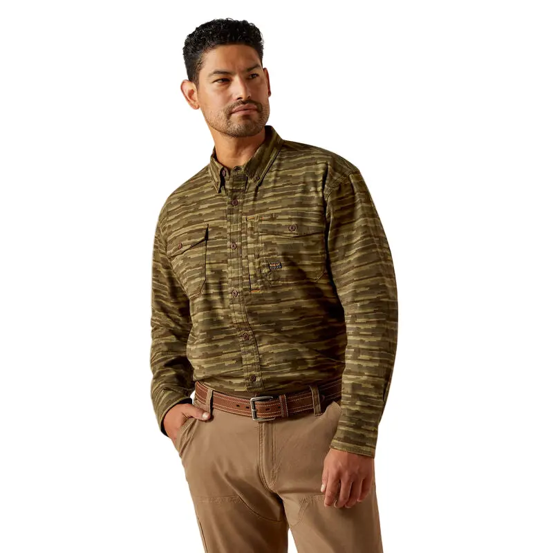 Flannel Durastretch Work Shirt Ls- Burnt Olive Camo 1