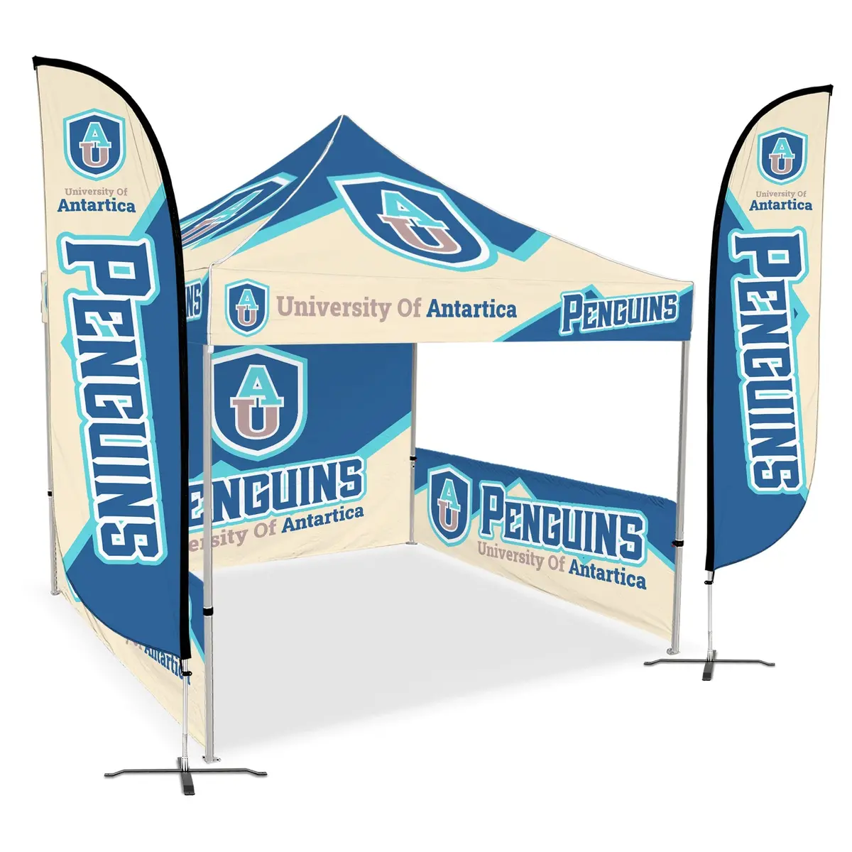 Custom Canopy Tent With Full Back Wall, Half Side Walls & Feather Flags 9