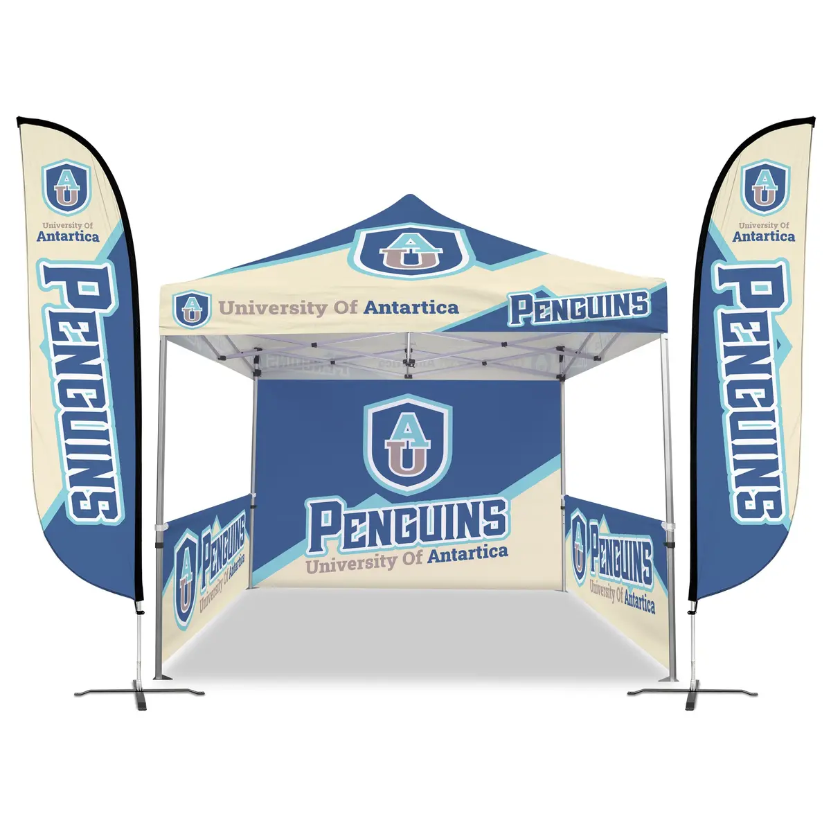 Custom Canopy Tent With Full Back Wall, Half Side Walls & Feather Flags 1