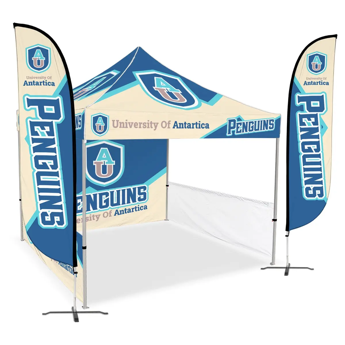 Custom Canopy Tent With Full Back Wall, Half Side Walls & Feather Flags 8