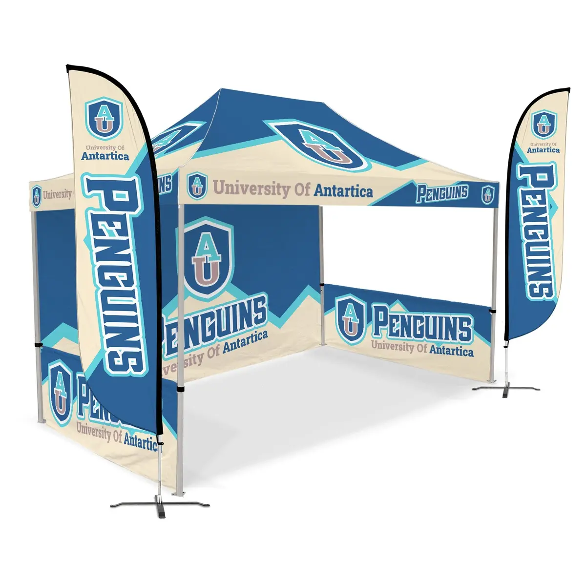 Custom Canopy Tent With Full Back Wall, Half Side Walls & Feather Flags 14