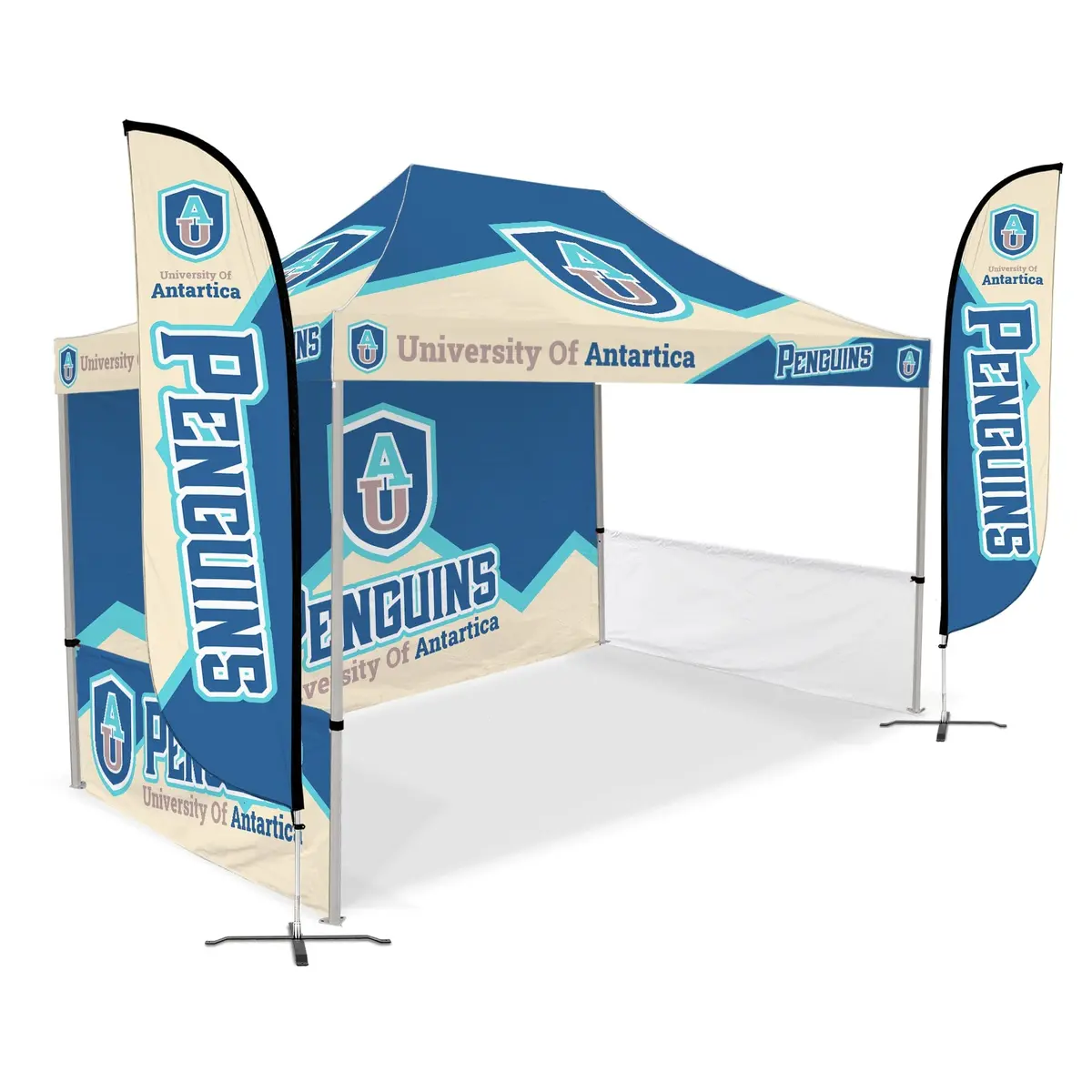 Custom Canopy Tent With Full Back Wall, Half Side Walls & Feather Flags 12