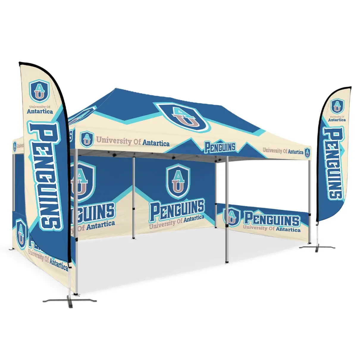 Custom Canopy Tent With Full Back Wall, Half Side Walls & Feather Flags 15