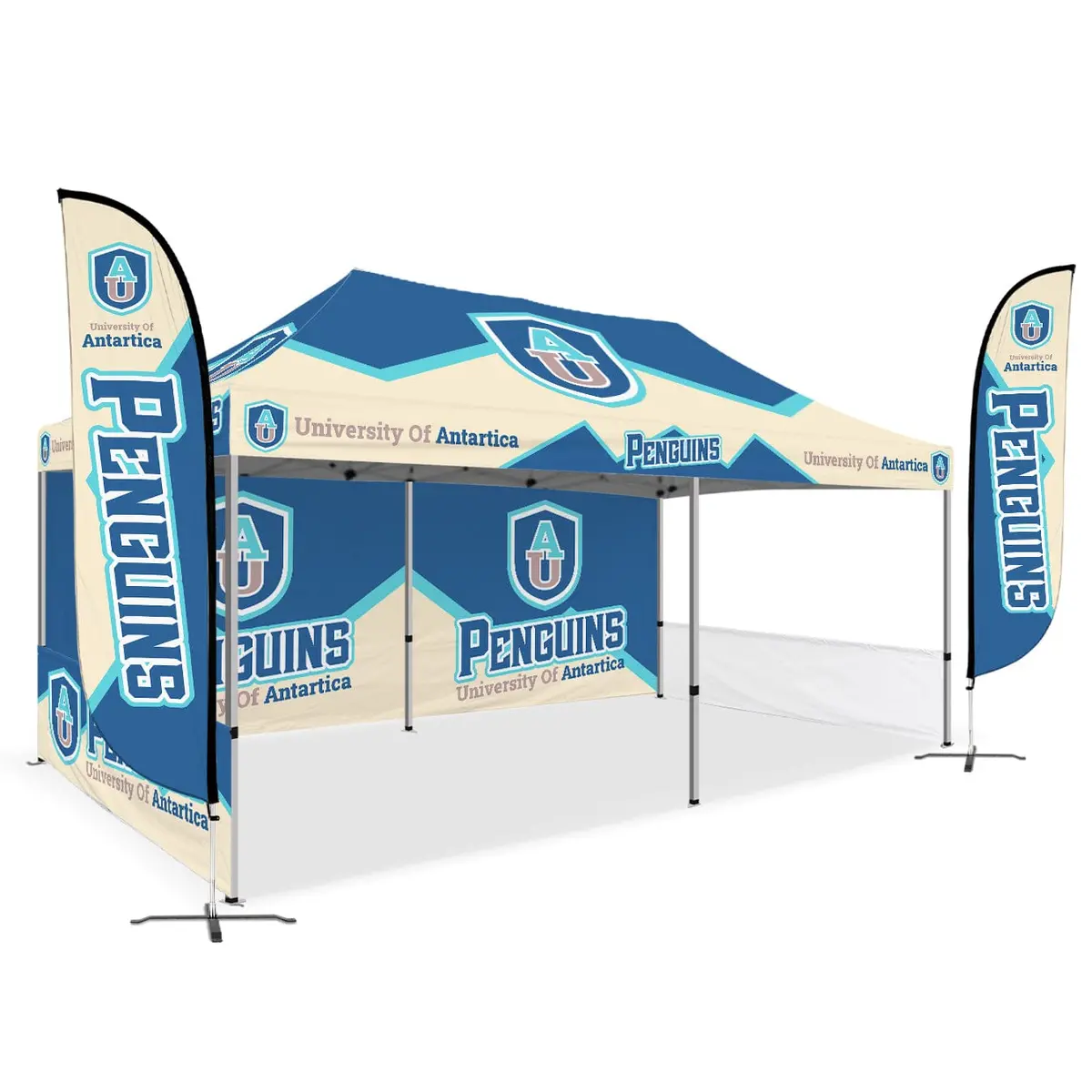 Custom Canopy Tent With Full Back Wall, Half Side Walls & Feather Flags 13