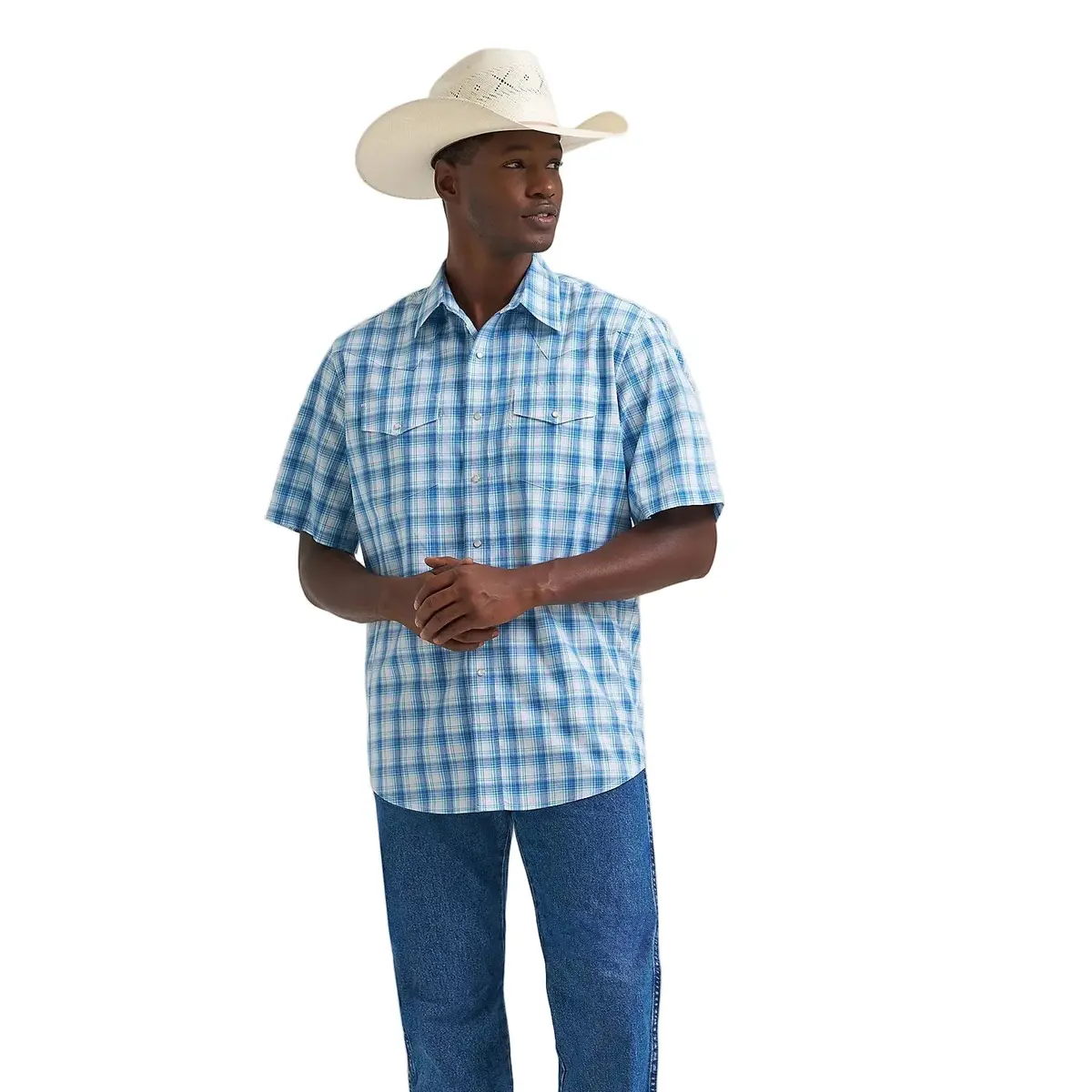 Wrangler® Wrinkle Resist Short Sleeve Shirt- Seaside Blue 1