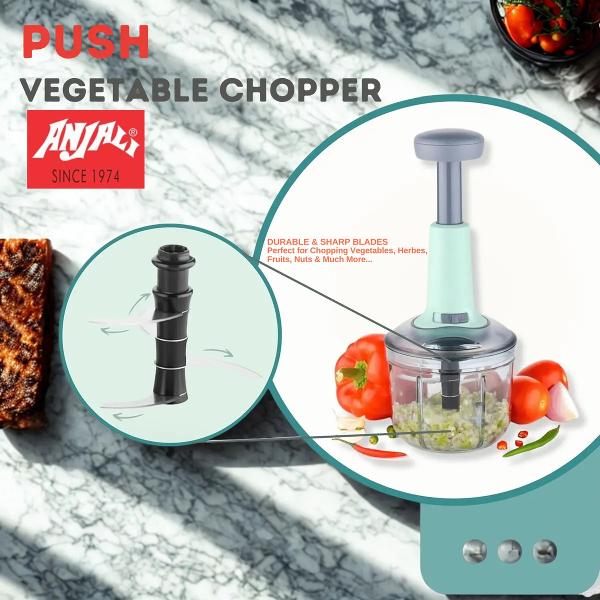 Anjali Push & Chop Deluxe Round | Vegetable Chopper | Manual 2