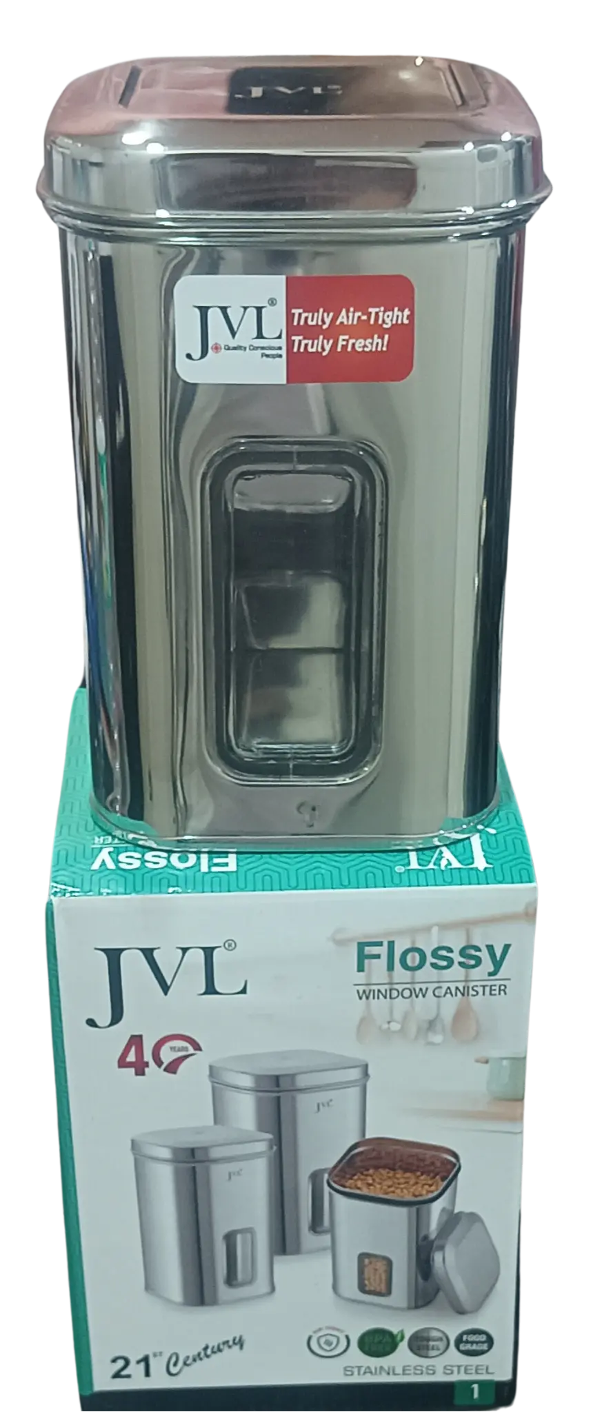 Jvl Premium Ss Flossy Window Canister With See Through Window | Airtight Lid | Fw-1 | 1.2 Ltr 1