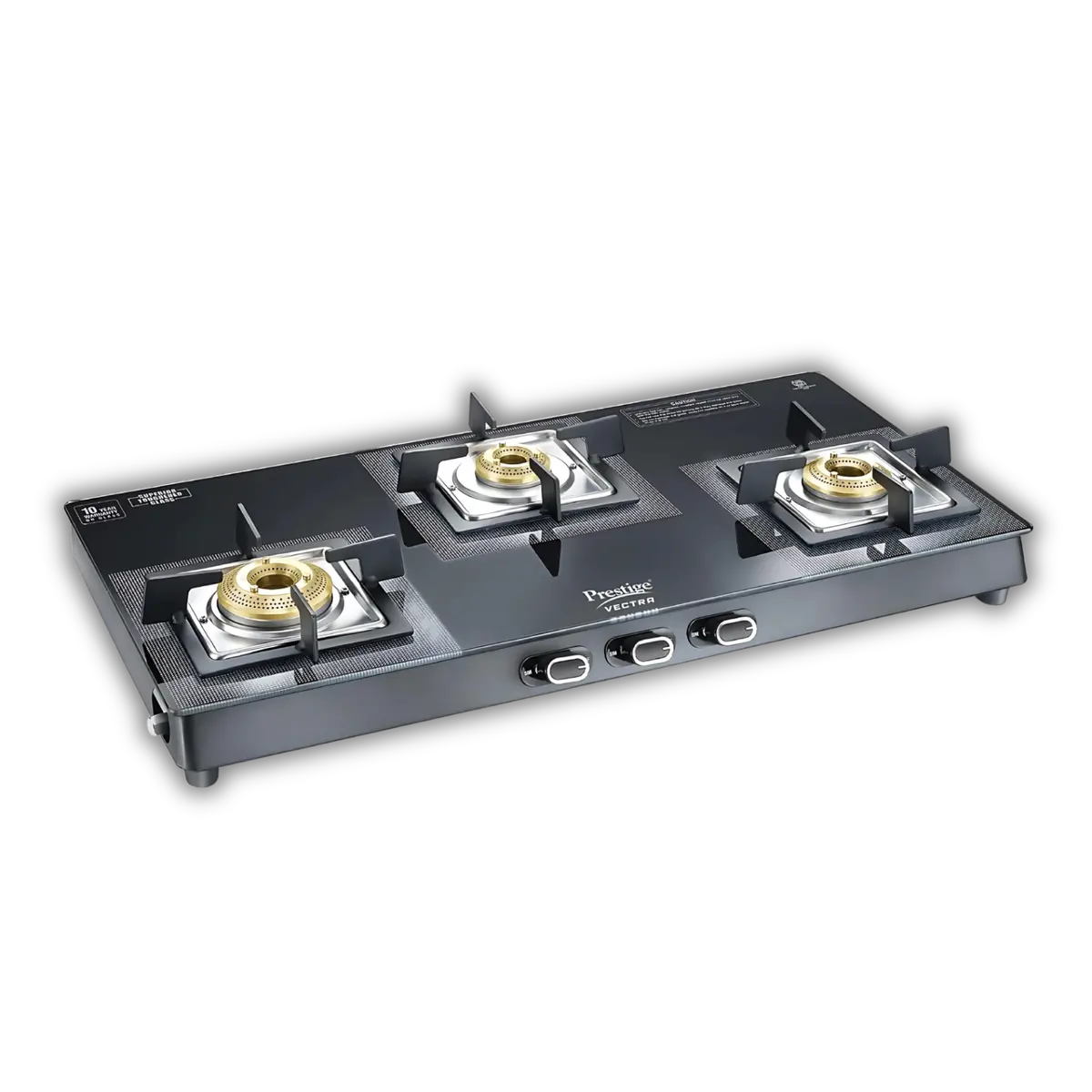 Prestige Vectra 3 Burner Glasstop Gas Stove | Toughened Glass | Jumbo Brass Burner | 3-Way Gas Inlet | 360 Degree Revolving Nozzle 1