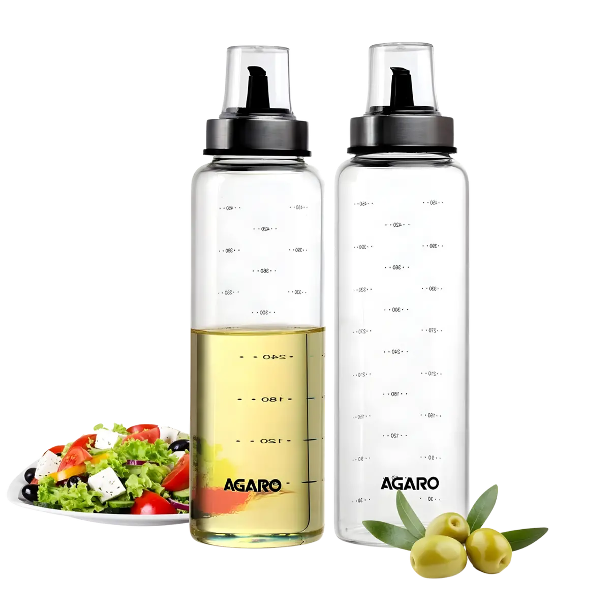Agaro Elite Borosilicate Glass Oil Dispenser With Capacity Markings, Pack Of 2, 500 Ml Each, Metallic Lid, Oil Bottle Jar, Transparent 1