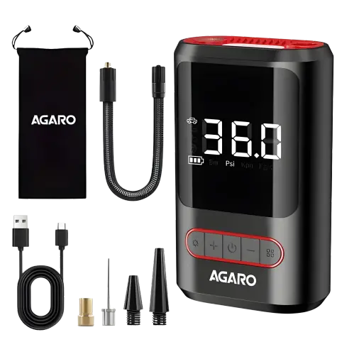 Agaro Galaxy Cordless Tyre Inflator, Portable Air Compressor, Flash Light, Power Bank , Multipurpose Use, Rechargeable, Up To 150 Psi Air Pump For Car, Bike, Foot Balls, Inflatables, Black & Red 1