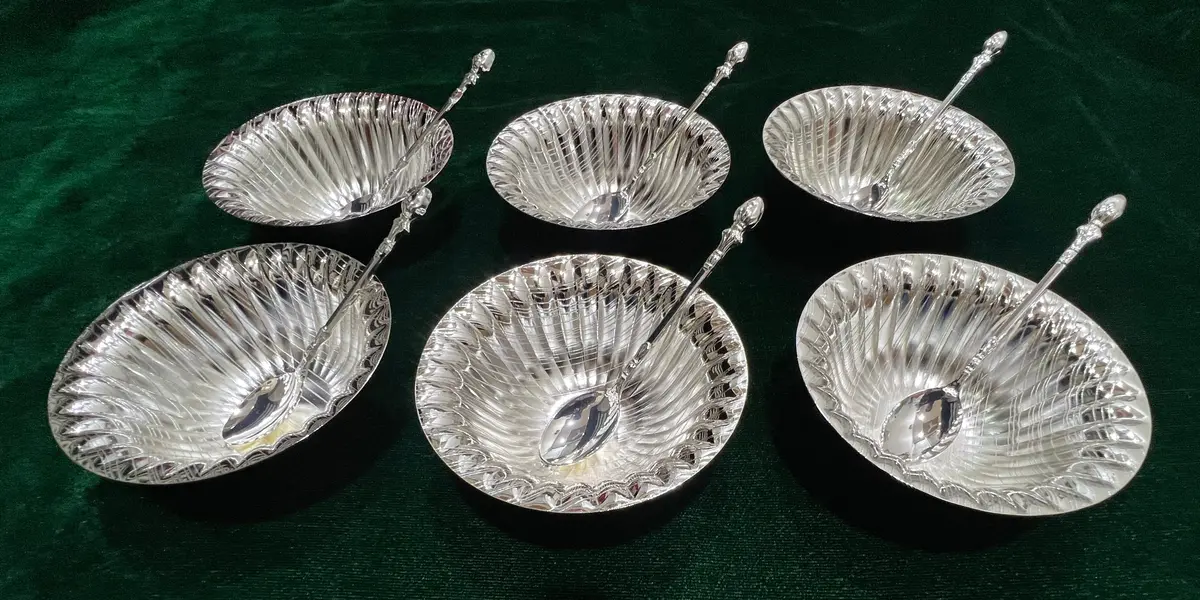 Hiluxe Silver Plated Designer Premium Bowl Set With Spoon | 6 Bowl | 6 Spoon | Home | Gifting | Gift Box | 1