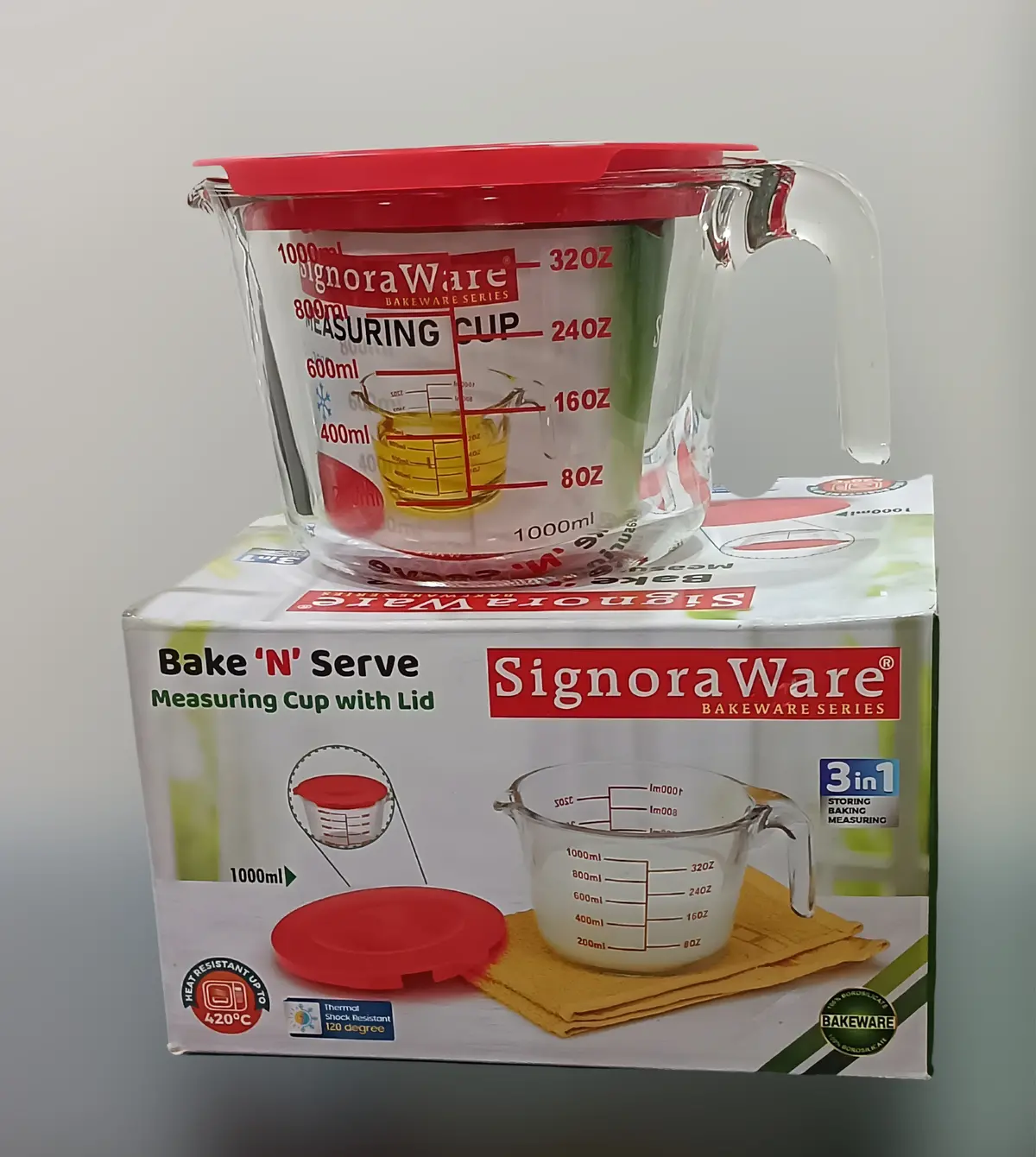 Signoraware Borosilicate 1 Ltr Glass Measuring Cup | Measurement Scale | Microwave & Oven Safe | Dishwasher Safe | Sturdy Thick Glass | Measuring Liquids | Best For Baking & Storing 1