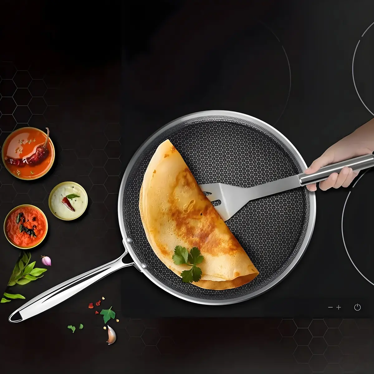 Milton Pro Cook Triply Hexa Tech Induction Stainless Steel Tawa, Silver, Honeycomb Non-Stick Structure 2