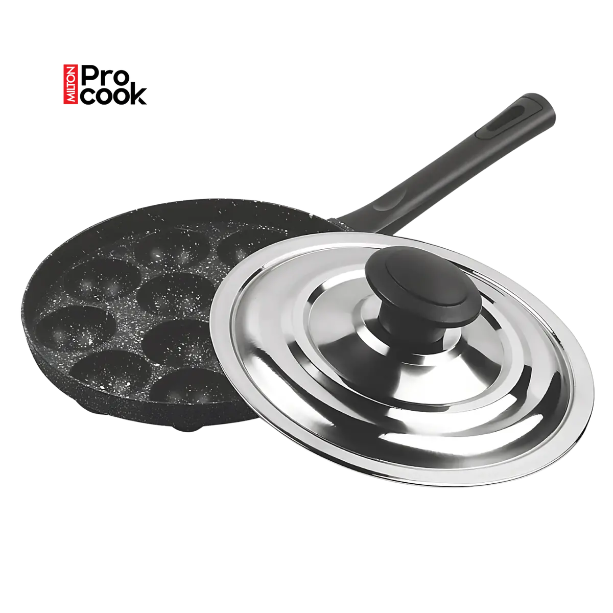 Milton Pro Cook Granito Non-Stick Appam Patra Cookware 12 Cavities, Paniyaram Pan With Stainless Steel Lid, Appe Maker, Black 1