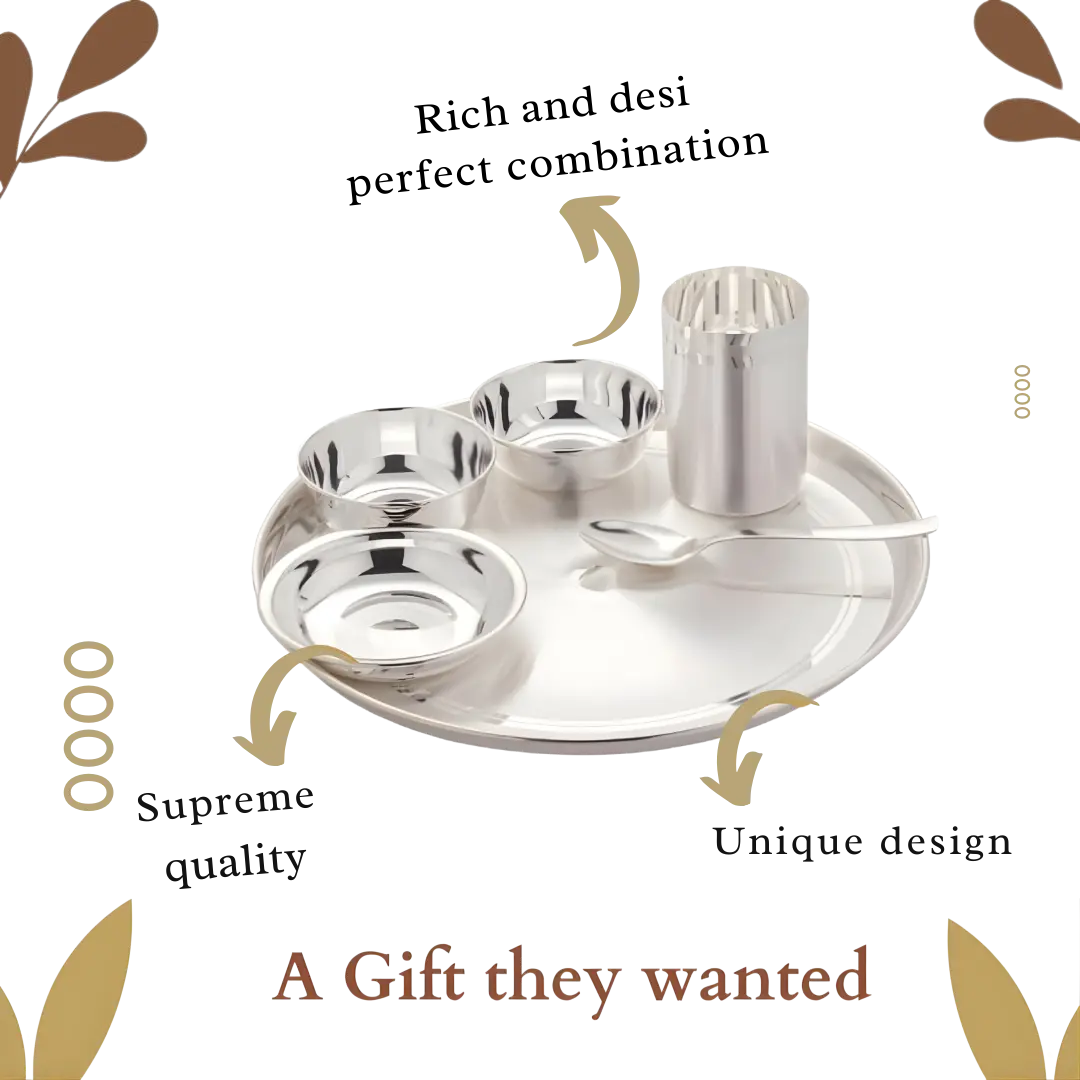 Silverglow Stainless Steel Silver Dinner Set Of 6 Pcs, Pure-Silver Plated Luxury Dinnerware Set, Festival/Wedding Return Gift, Hotel, Restaurant Dining Set 2