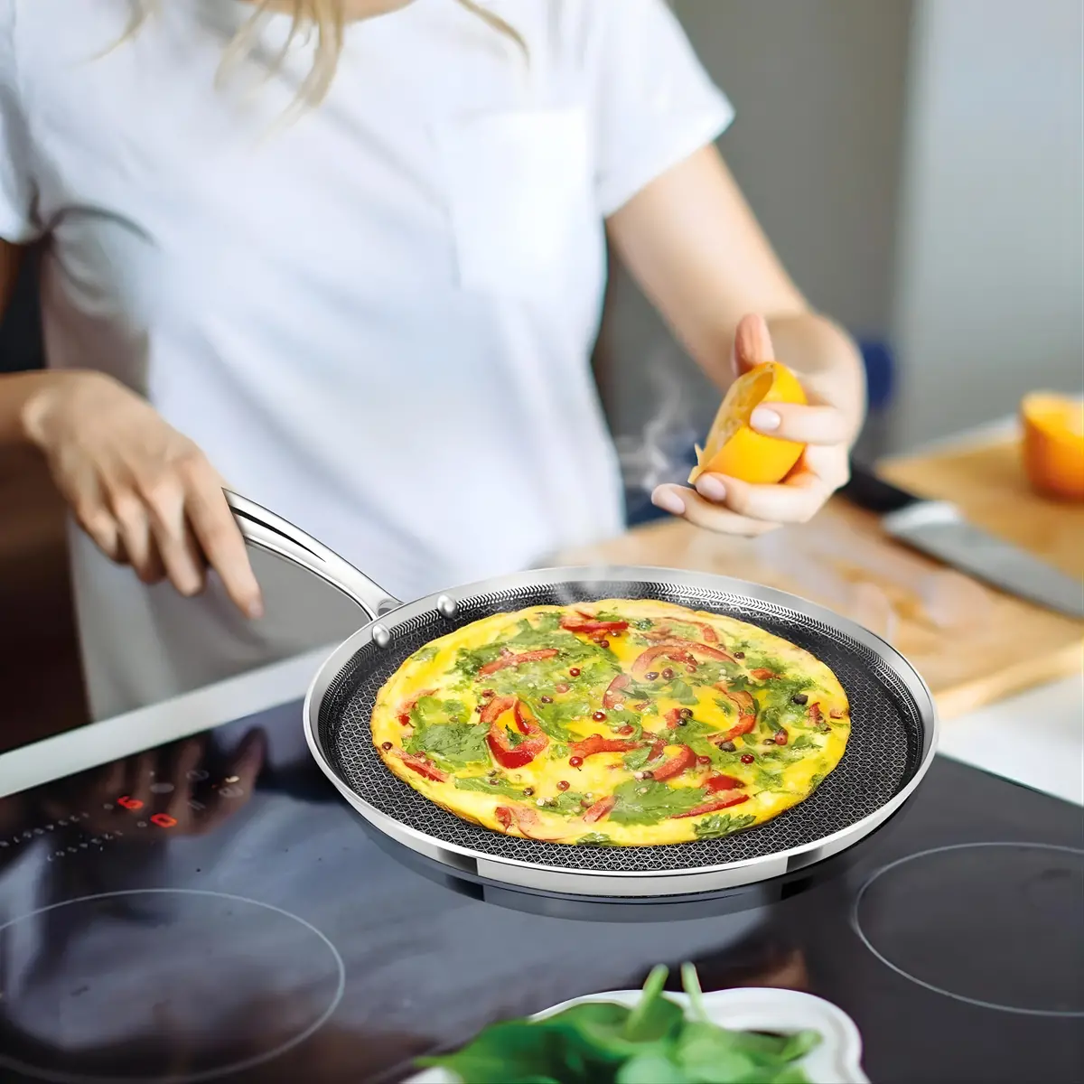 Milton Pro Cook Triply Hexa Tech Induction Stainless Steel Tawa, Silver, Honeycomb Non-Stick Structure 3