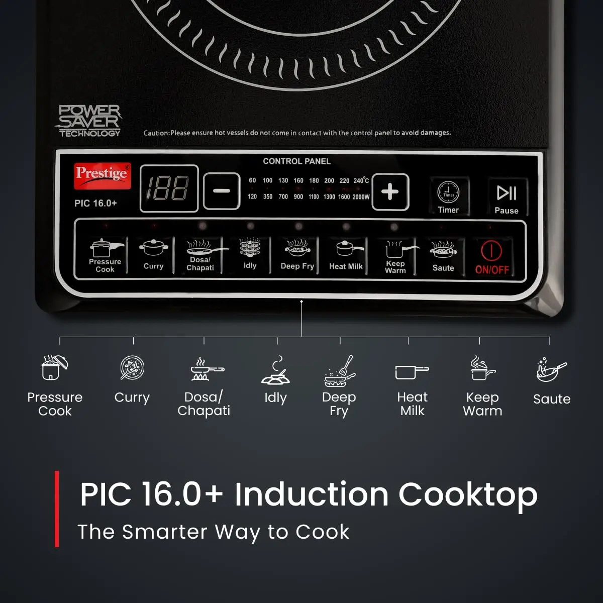 Prestige Pic 16.0 Plus 2000 Watts Induction Cooktop | 4Kv Surge Protection | 8 Preset Indian Menu Option With Timer | Soft Touch Button | Easy To Clean | Portable | Black |1Y Warranty | Bis 2