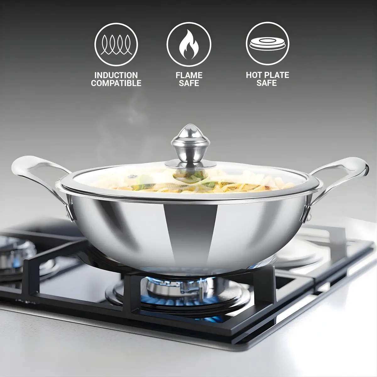 Milton Pro Cook Triply Hexa Tech Induction Stainless Steel Kadhai With Glass Lid 2