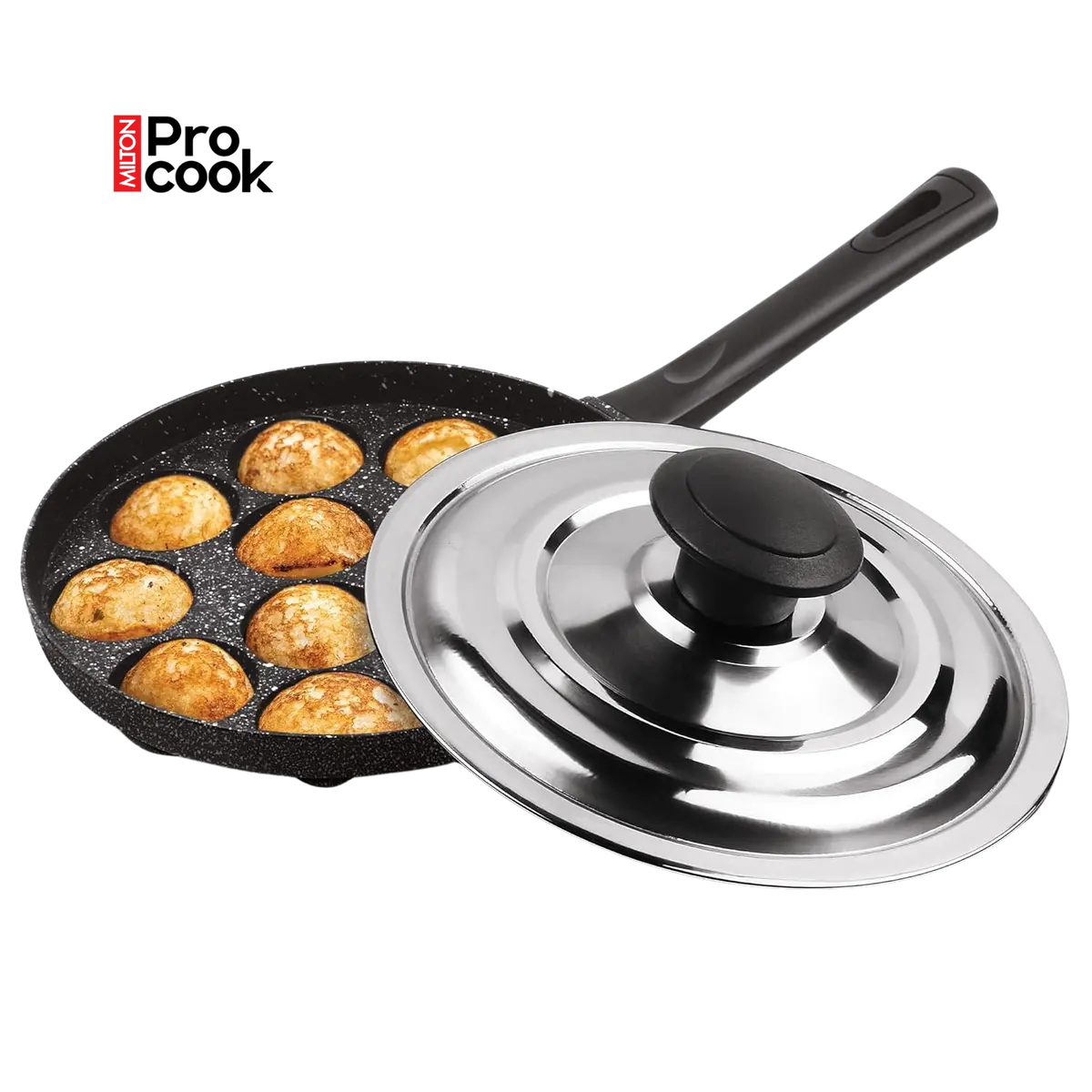Milton Pro Cook Granito Non-Stick Appam Patra Cookware 12 Cavities, Paniyaram Pan With Stainless Steel Lid, Appe Maker, Black 2