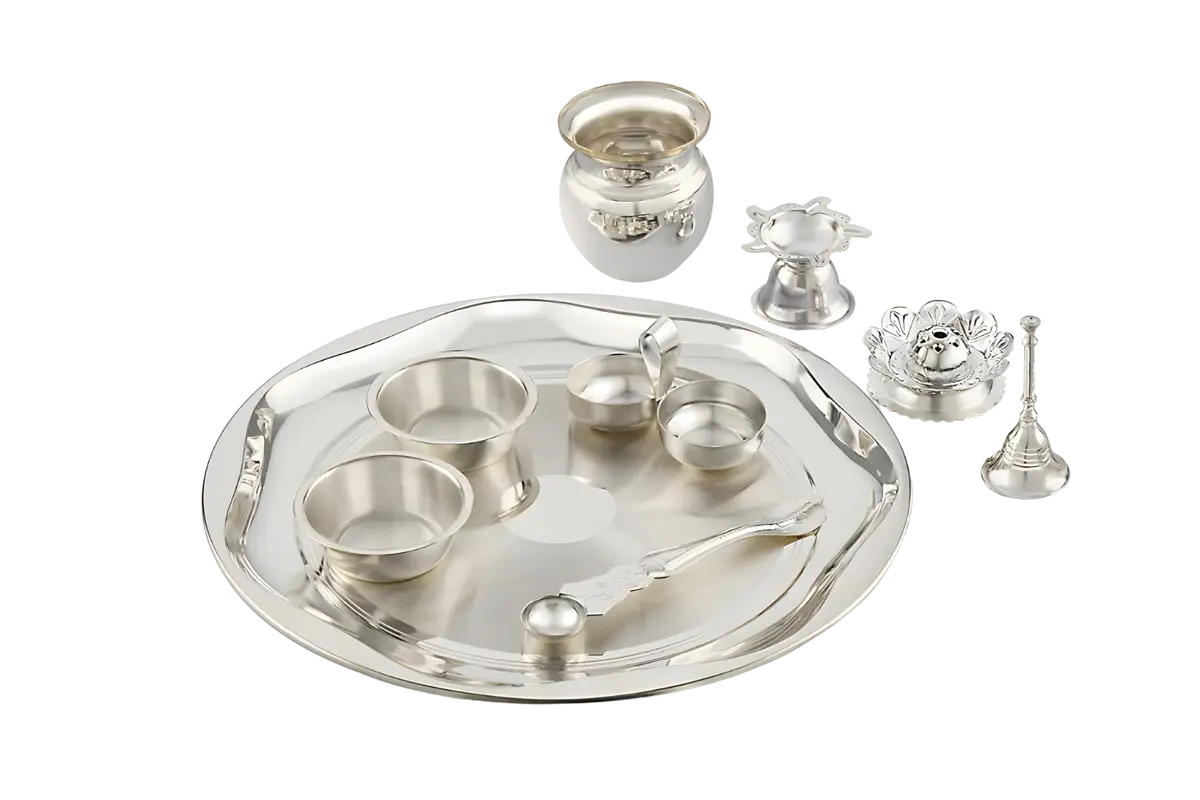 Silverglow Arpan Pooja Set | Silver Plated Puja Thali Set | Festival Ethnic Puja Aarti Set | Diwali, Office, Mandir, Wedding/Return Gift Item Of 9 Pieces 1