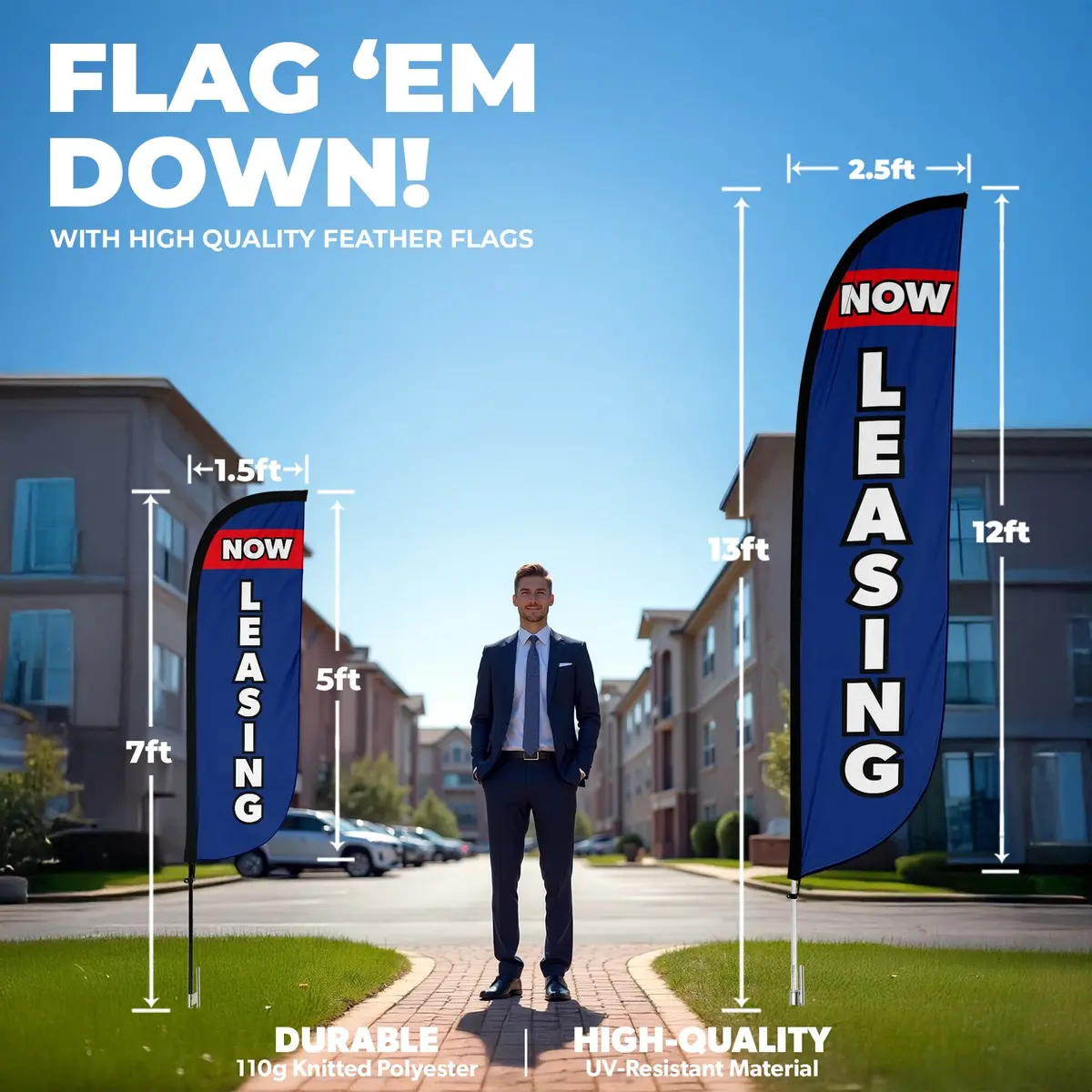 Now Leasing Feather Flag Blue & Red 2