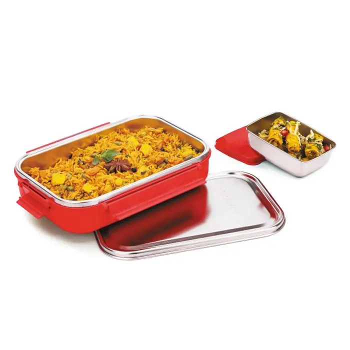 Signoraware Health Bud Big Stainless Steel Tiffin Lunch Box With Steel Lid With Puff Insulation Keep Food Warm For Long/Compact Handy Rectangular Container With Leakproof Lid (1000Ml+150Ml) 1