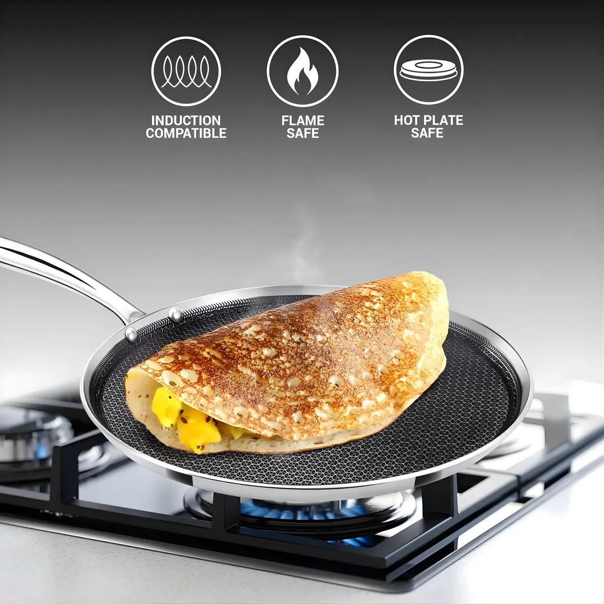 Milton Pro Cook Triply Hexa Tech Induction Stainless Steel Tawa, Silver, Honeycomb Non-Stick Structure 4