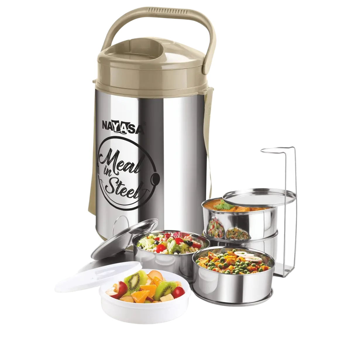 Nayasa Zeal Steel-14, Individual 4 Inner Steel Containers, 1 Salad Container With Lifter, Handle, Easy To Lift, Shoulder Belt, Outer P.U Insulated Body, Airtight Lids 2