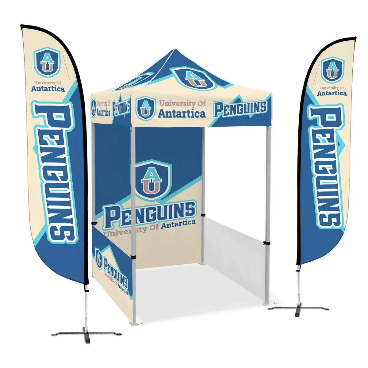Custom Canopy Tent With Full Back Wall, Half Side Walls & Feather Flags 10