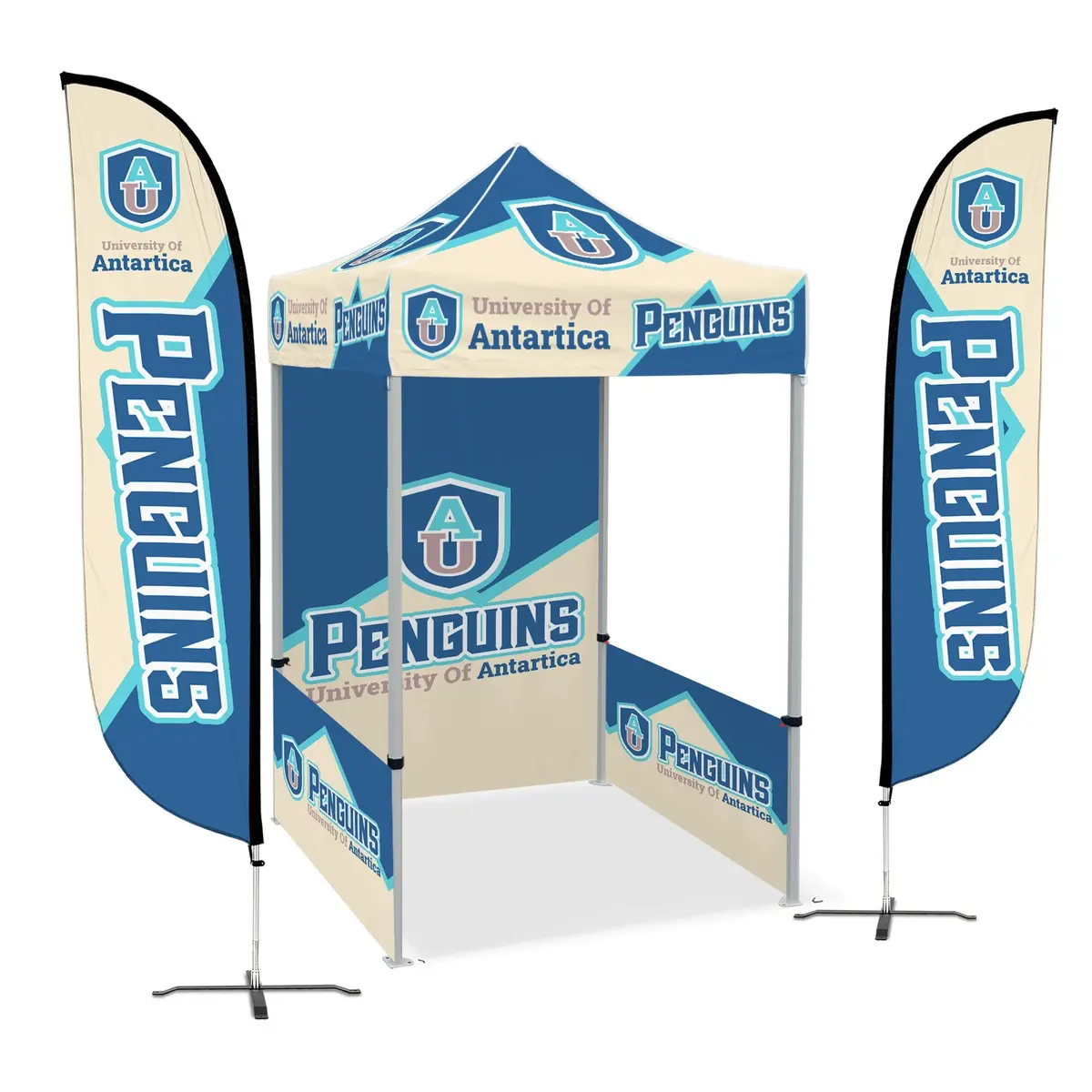 Custom Canopy Tent With Full Back Wall, Half Side Walls & Feather Flags 11