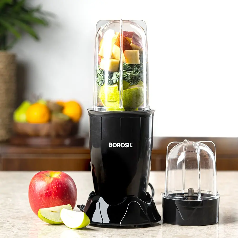 Borosil Nutrifresh Portable Mini-Blender & Grinder,For Blending Smoothies & Chutneys, Dry Grinding Spices, Black, 400 W 1