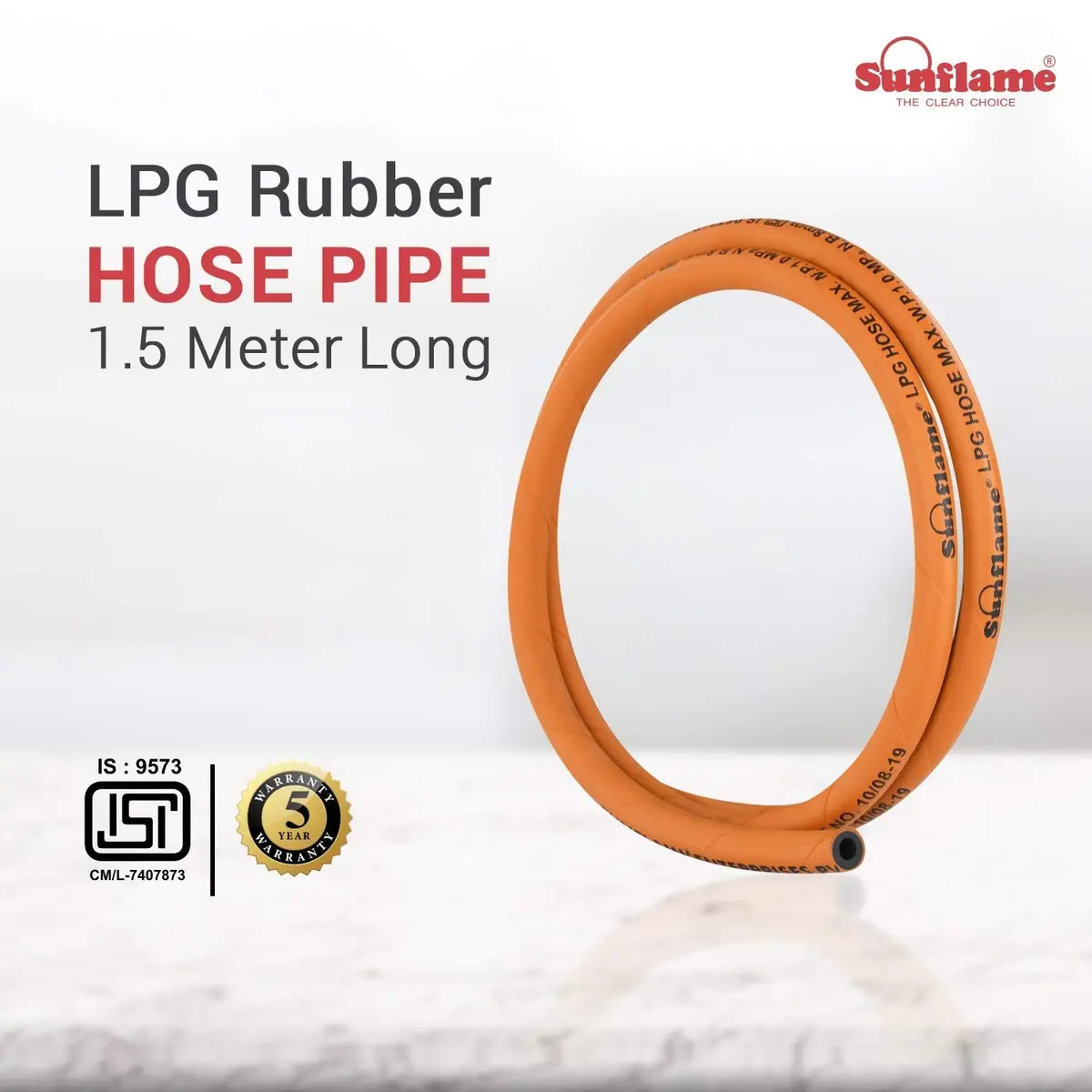 Sunflame 1.5 Mtr Lpg Rubber Hose Pipe With Reinforced Steel Wire, Isi Certified (Orange) 2