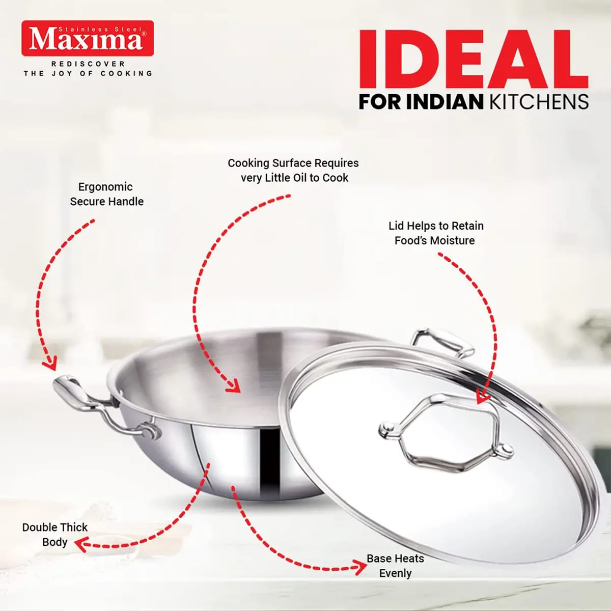 Maxima Tri Ply Stainless Steel Kadhai With Stainless Steel Lid | Heat Resistant Handle | Induction Bottom And Dishwasher Compatible 5