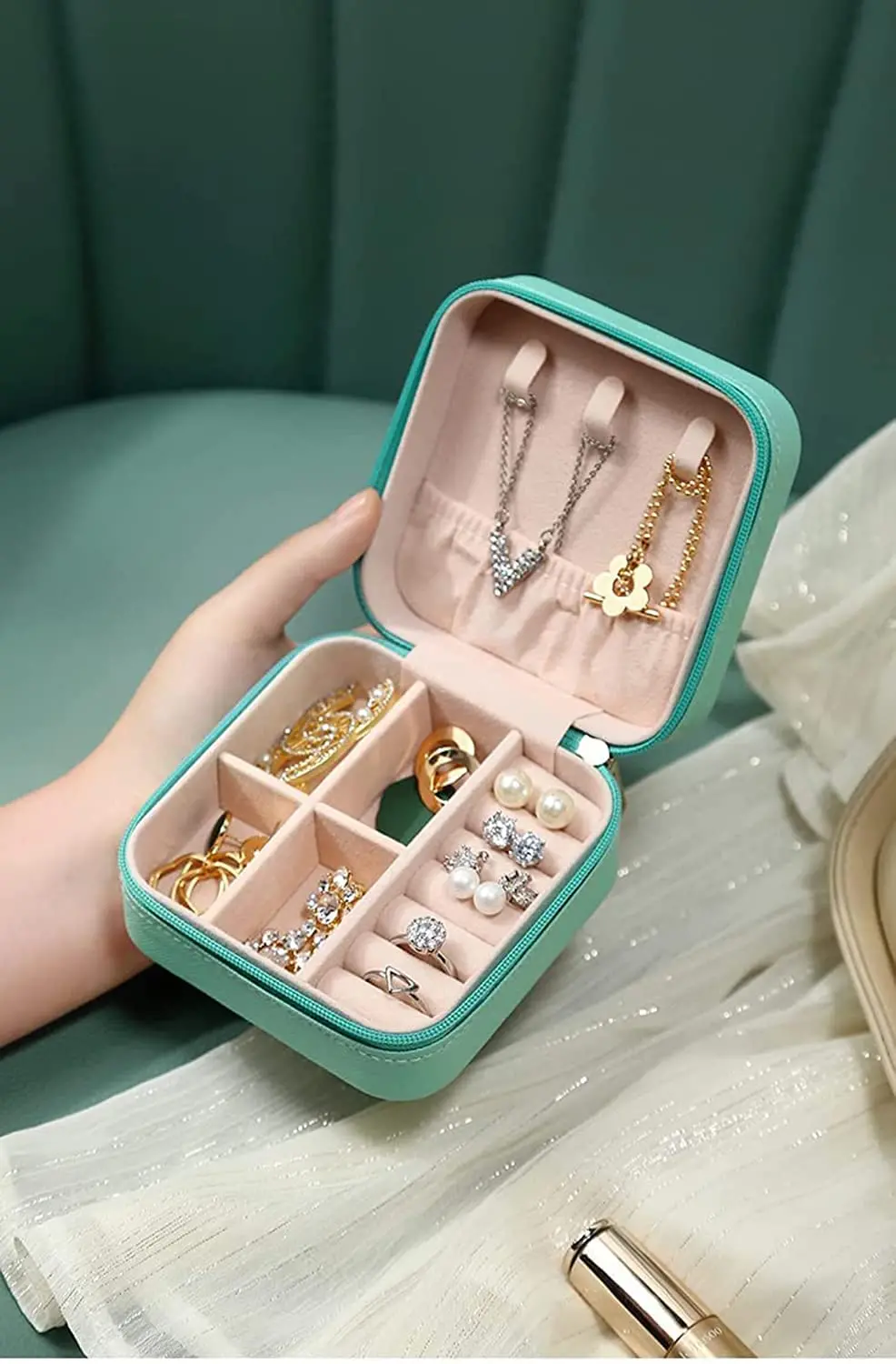 Jewellery Organiser Pu Leather Zipper  | Dividers Container For Rings, Earrings, Necklace 1