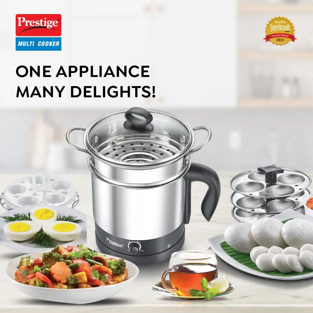 Prestige 1.5L Pmc 3.0 Plus | Multi Kettle/Multi Cooker| With Idli Stand, Egg Boiling Rack & Steamer| Glass Lid With Ss Rim 1