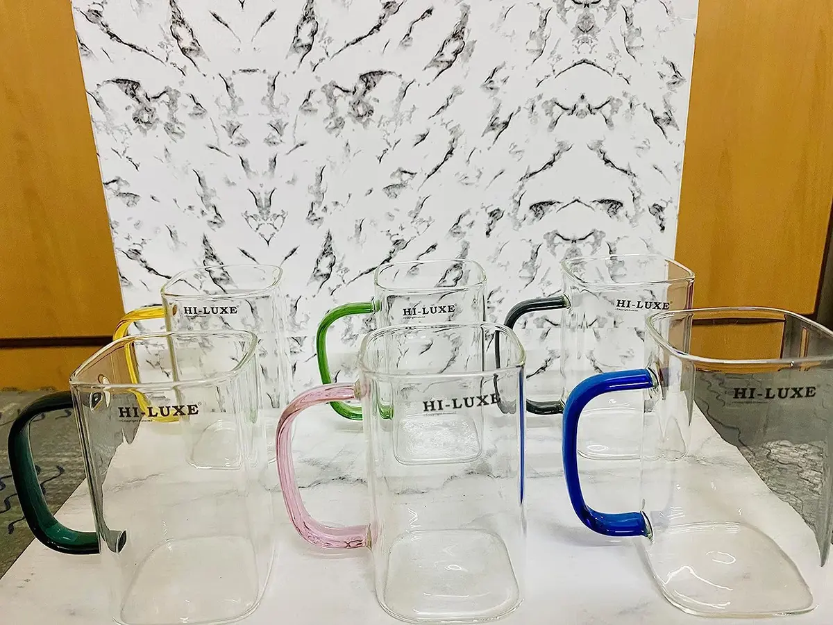 Hi-Luxe Set Of 6 Pcs Mug Helix Square With Borosilicate Glass With Multi-Coloured Handles 1