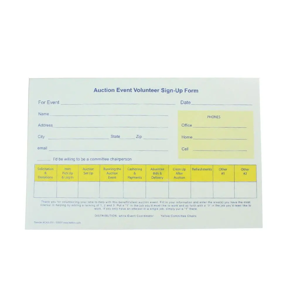 2-Part Auction Event Volunteer Sign-Up Form (25/Pack) 1