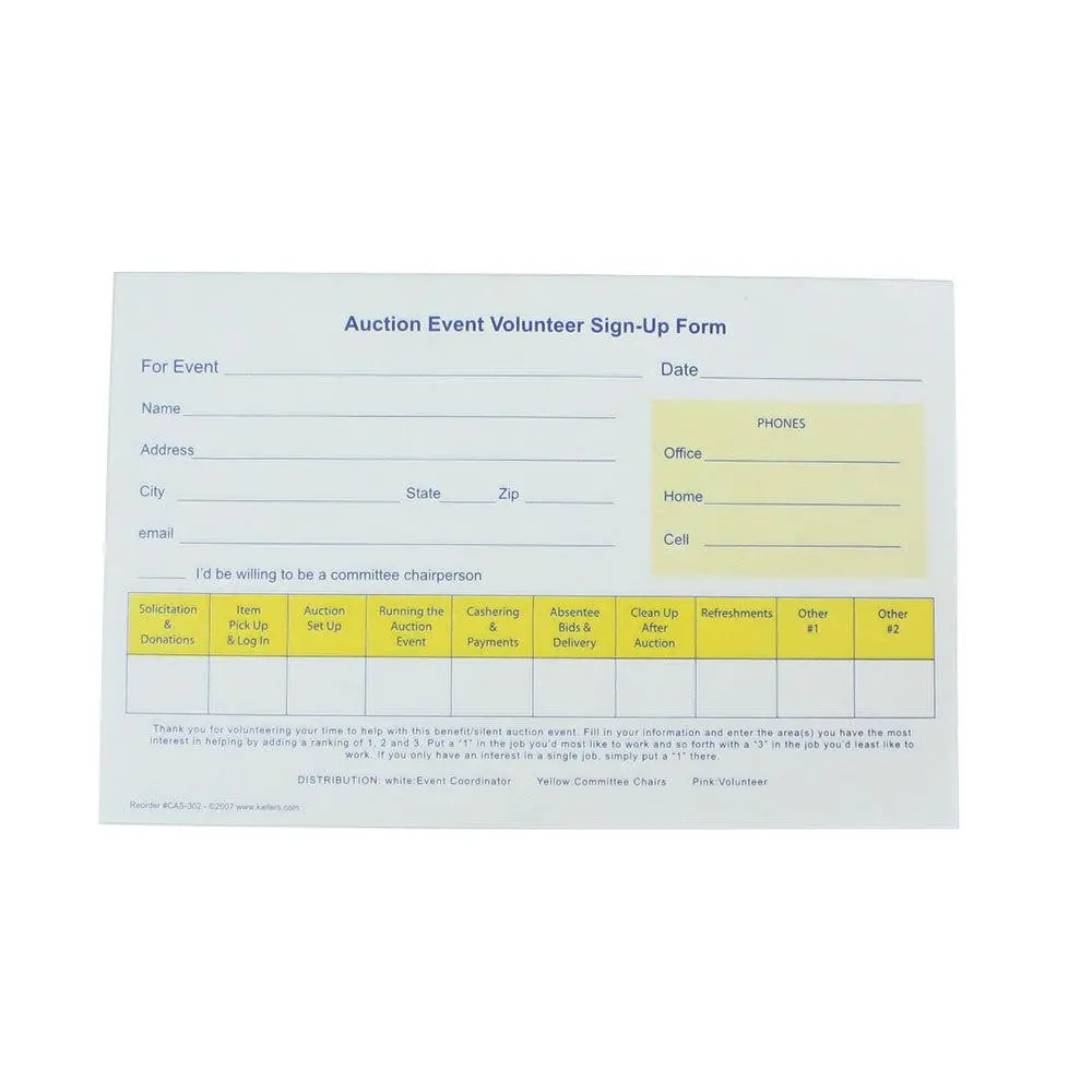 3-Part Auction Event Volunteer Sign-Up Form (25/Pack) 1