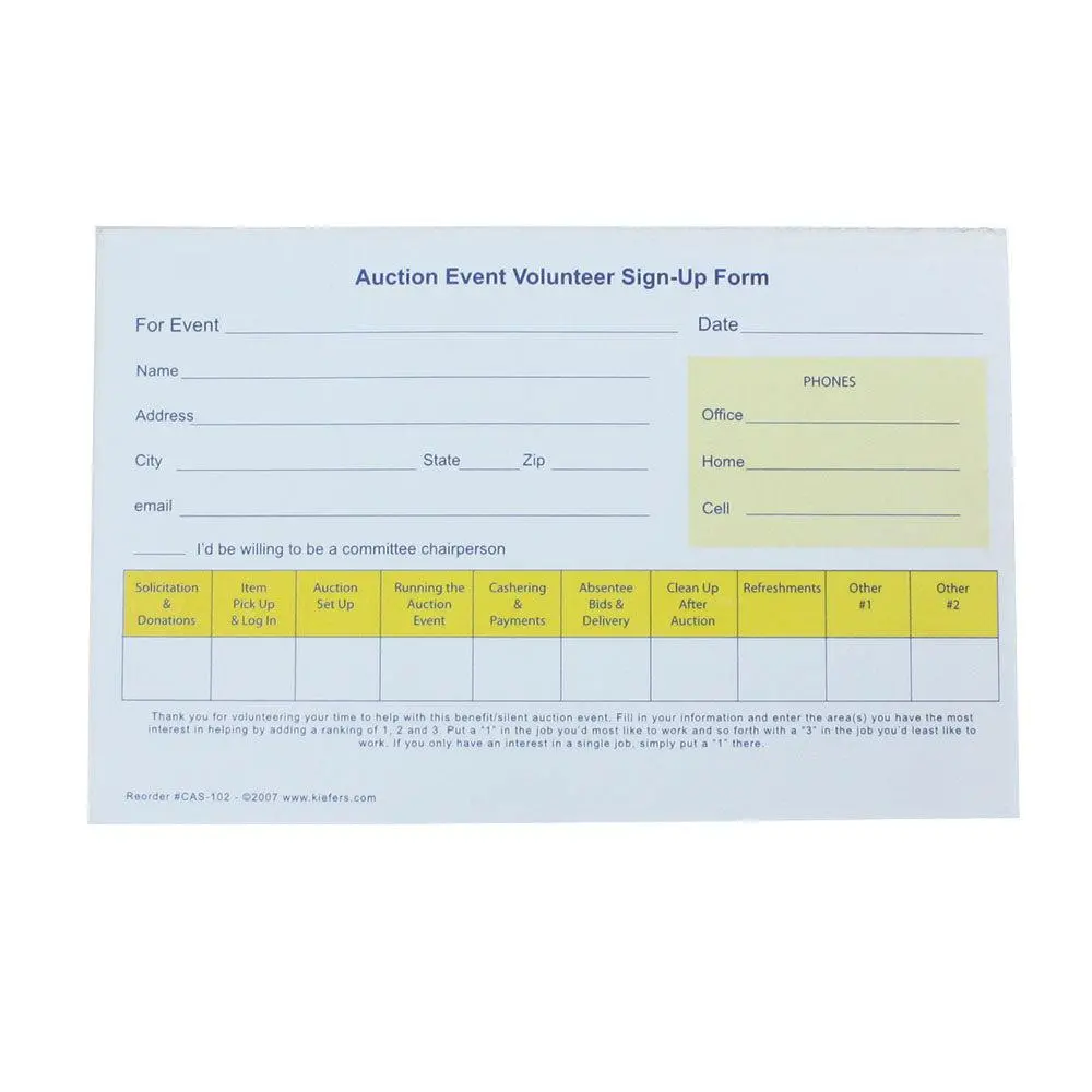 Single Part Auction Event Volunteer Sign-Up Form (25/Pack) 1