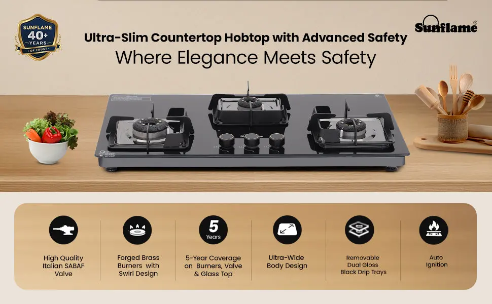 Sunflame 3 Burner Ultra-Slim Countertop Hob 80 Cm Wide | Italian Sabaf Valve | Auto Ignition 2