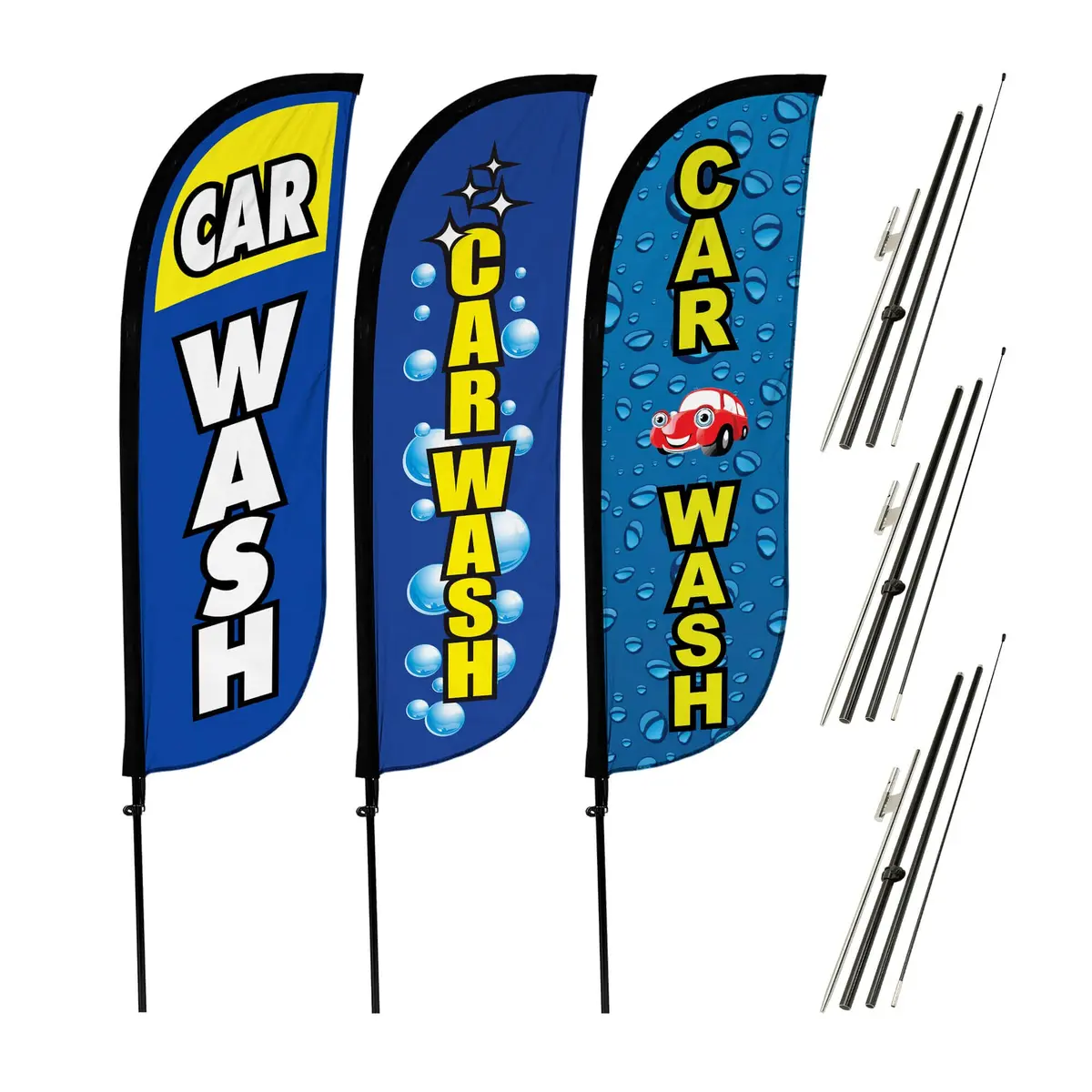 Car Wash Feather Flag - Variety 3 Pack W/ Ground Spike Pole Set 1