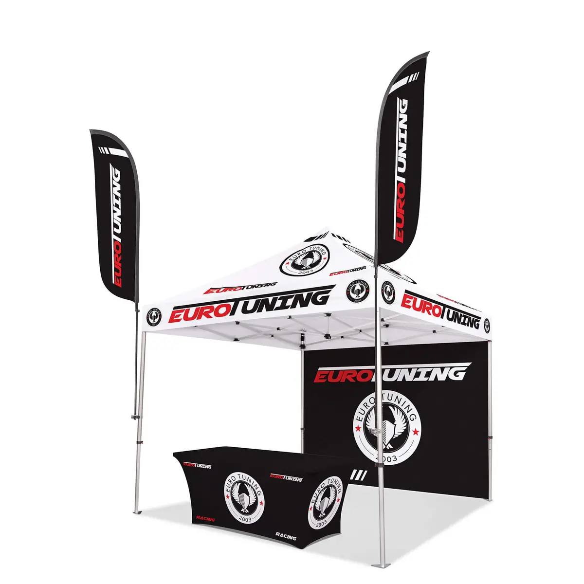 Custom Canopy Tent With Back Wall, Feather Flags & Table Cover 1