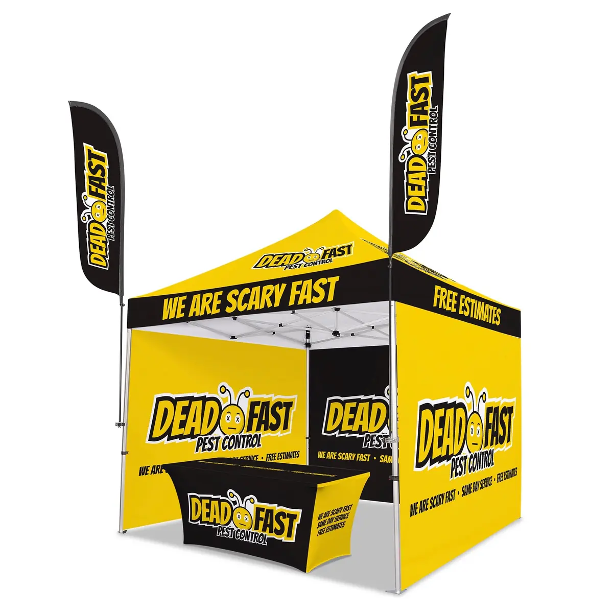 Custom Canopy Tent With Three Back Walls, Feather Flags & Table Cover 1