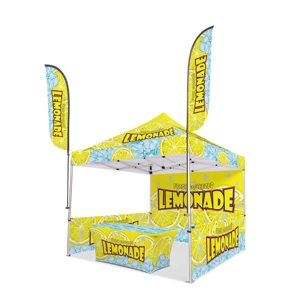 Custom Canopy Tent With Full Back, Half Side Walls, Feather Flags & Table Cover 1