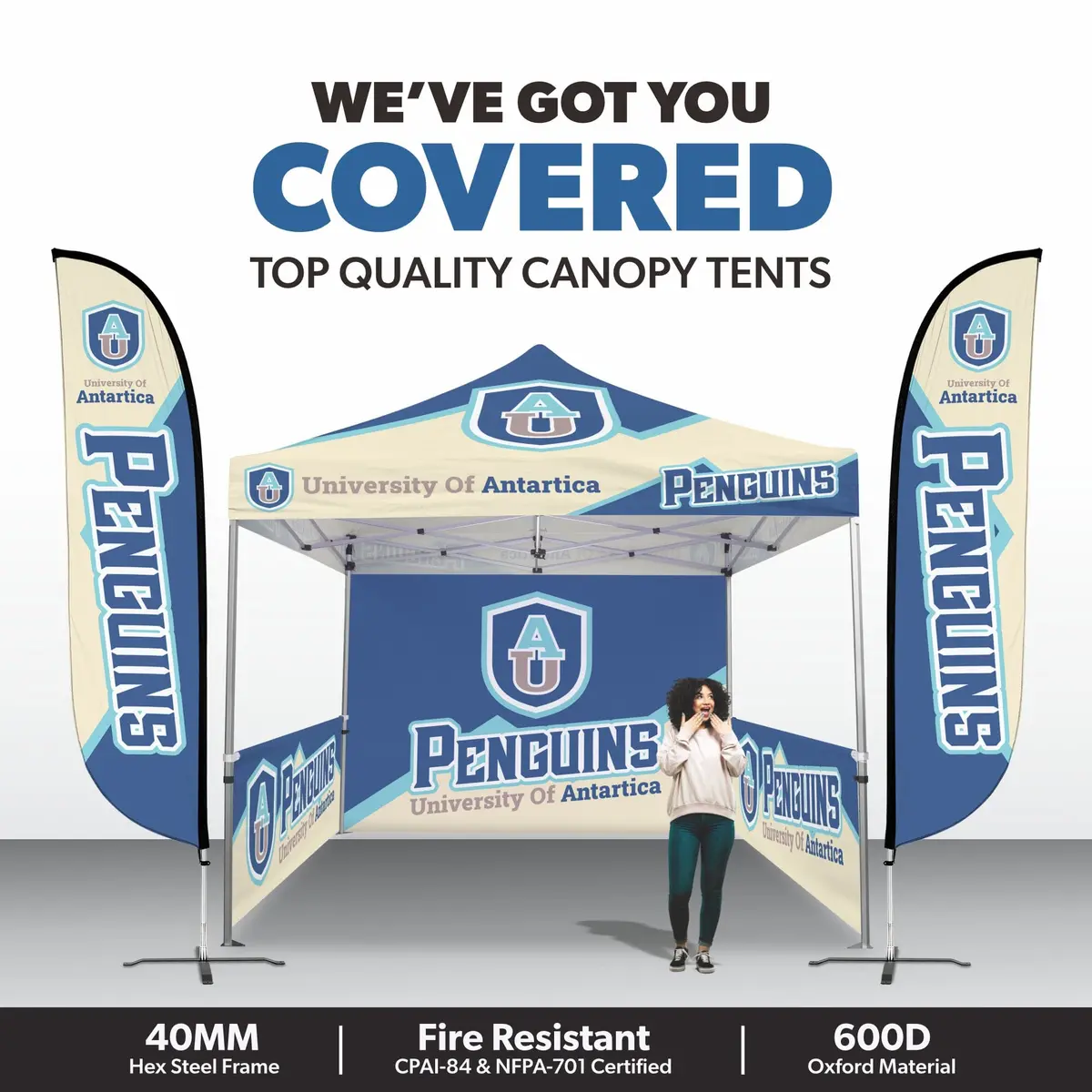 Custom Canopy Tent With Full Back Wall, Half Side Walls & Feather Flags 2