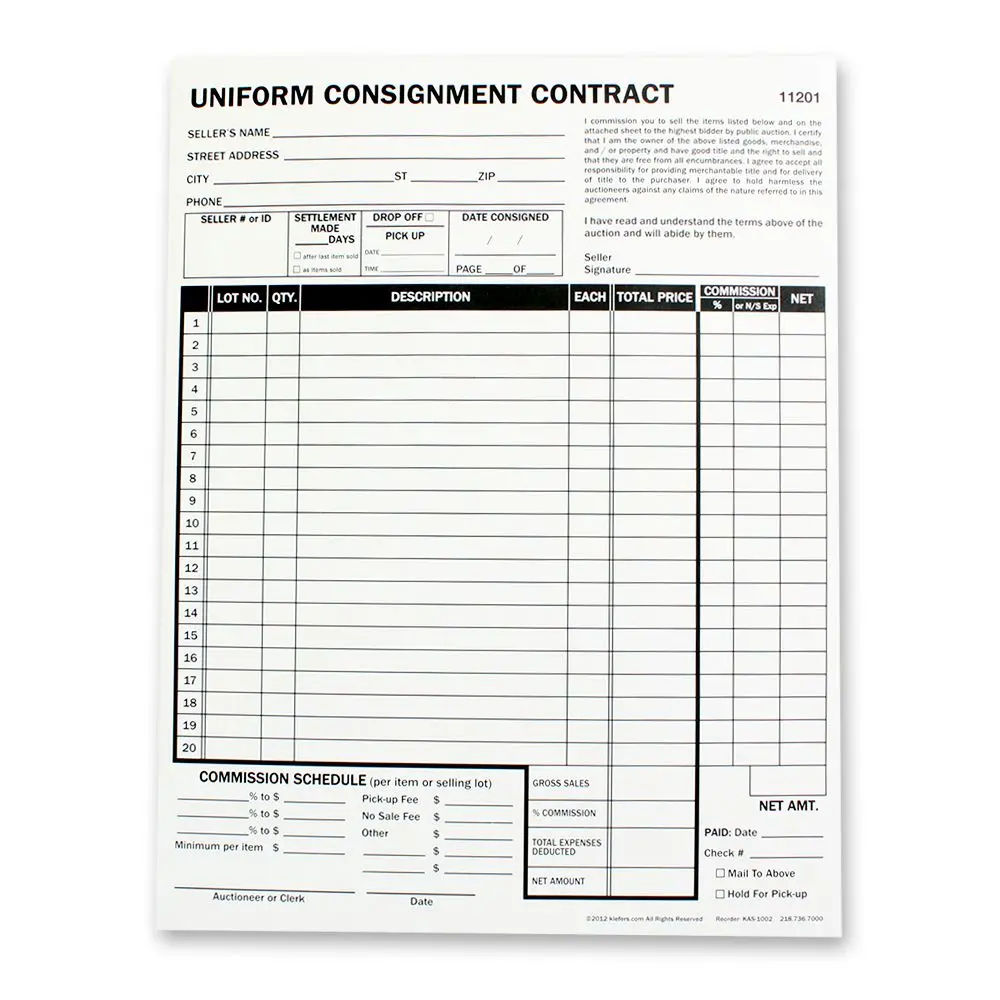 2-Part Custom Uniform Consignment Form (250/Pack) 1