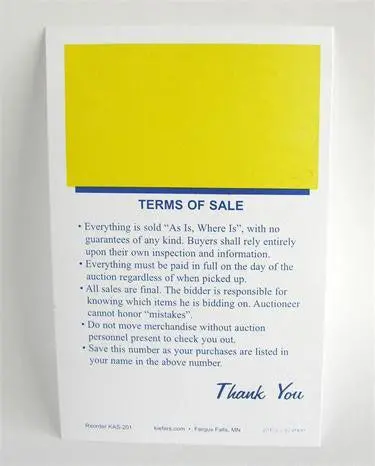 Econo Bid Cards W/ Terms Of Sale - Yellow Square(500/Pack) 1
