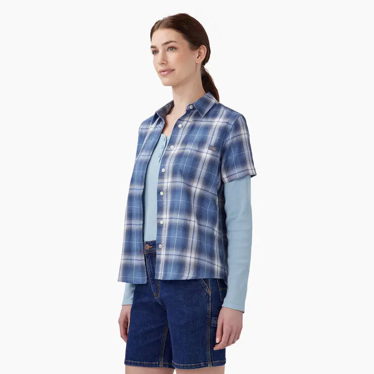 Women's Plaid Woven Shirt - Blue Herringbone Plaid 3